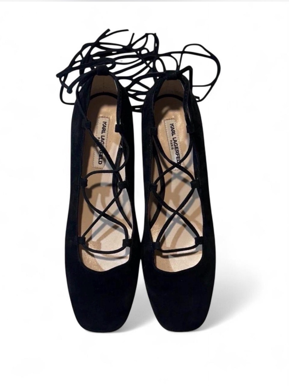Karl Lagerfeld Paris Women’s Charlie black suede lace-up block heels Sz 6.5 EUC
